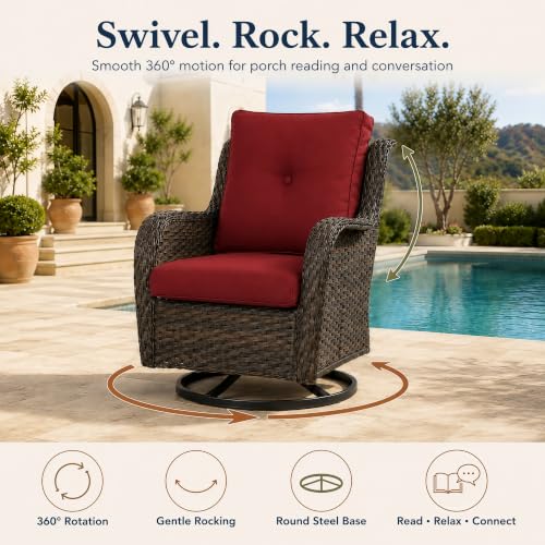 2 Piece Wicker Patio Swivel Rocker Chairs, Brown/Red, view 4