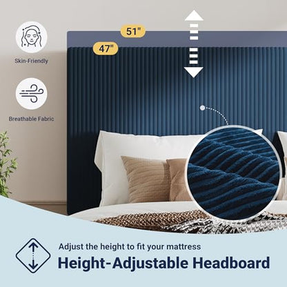 Queen Bed Frame, Corduroy Tufted Headboard, Dark Blue, view 6