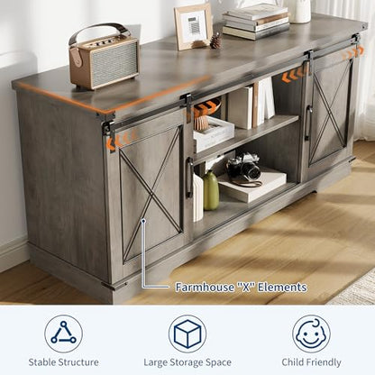 Farmhouse TV Stand for 65 Inch TV, Sliding Barn Doors, Grey, view 4