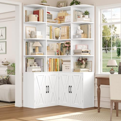 74" Tall Corner Bookshelf, White Bookshelf with Doors, view 4