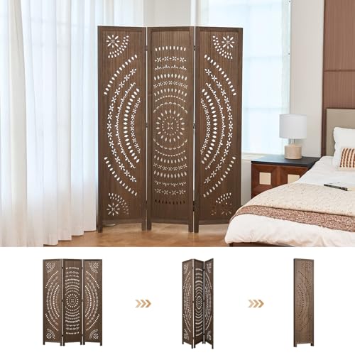 66.9Inch Folding Room Divider, 3 Panels Wood Carved Privacy Screens, view 6