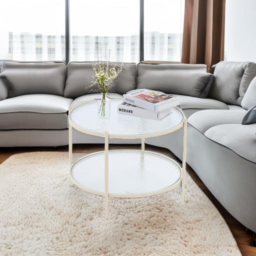 25.6" Small Cream White Round Coffee Table Water-Wave Glass Circle Clear Coffee Table, Center Table with 2-Tier Modern Storage Design for Living Room, Bedroom, Meeting Room, Balcony, Beige