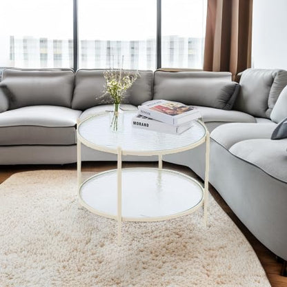 25.6" Small Cream White Round Coffee Table Water-Wave Glass Circle Clear Coffee Table, Center Table with 2-Tier Modern Storage Design for Living Room, Bedroom, Meeting Room, Balcony, Beige