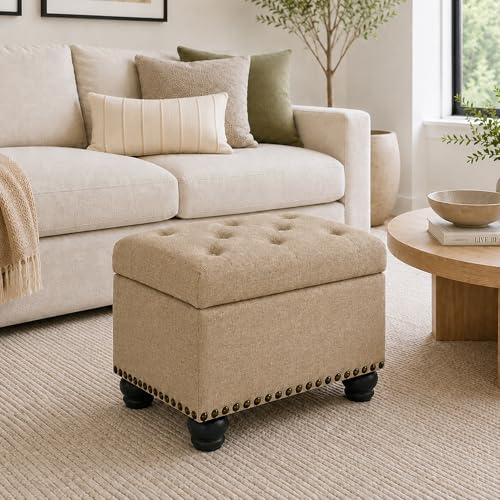 Designs4Comfort 5th Avenue Storage Ottoman 24" - Contemporary Foot Stool and Seat with Hinged Lid for Living Room, Dining Room, Office, Den, Tan Fabric