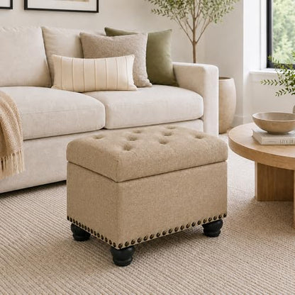 Designs4Comfort 5th Avenue Storage Ottoman 24" - Contemporary Foot Stool and Seat with Hinged Lid for Living Room, Dining Room, Office, Den, Tan Fabric
