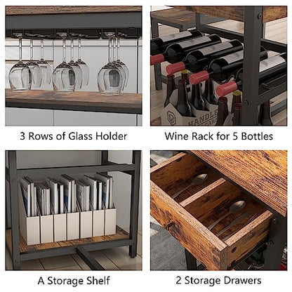 Dining Table Set for 4-6 People, 54.7" Kitchen Dinner Table with 2 Bench, Dining Room Tables Set with Storage Drawer & Shelf, 3-Piece Breakfast Nook Tables with Wine Rack &Glass Holder (Rustic)
