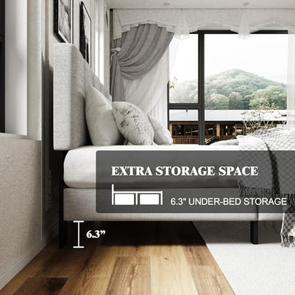Queen Size Platform Bed Frame with Upholstered Headboard, Wooden Slats Support, view 5