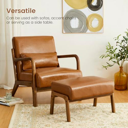 15.5"(H) Footrest Stool, Leatherette Ottoman, Accent Padded Sofa Foot Stool for Accent Chair, Wood Frame Foot Rest Ottoman for Living Room, Bedroom, Yellowish-Brown