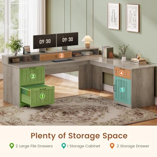 Farmhouse 63" L Shaped Desk with Drawers and Storage Cabinet, view 5