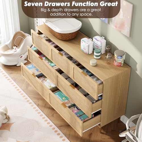 Rattan 7 Drawer Dressers for Bedroom, Tall Dresser with Deep Drawers, Large Chest of Drawers for Closet with Wide Top, Long Wooden Dresser for Living Room, Hallway, Kids Room, Natural