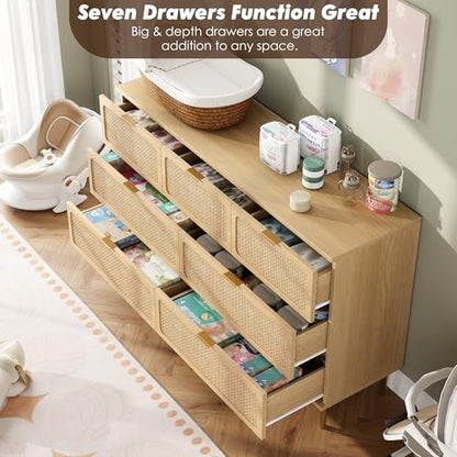 Rattan 7 Drawer Dressers for Bedroom, Tall Dresser with Deep Drawers, Large Chest of Drawers for Closet with Wide Top, Long Wooden Dresser for Living Room, Hallway, Kids Room, Natural