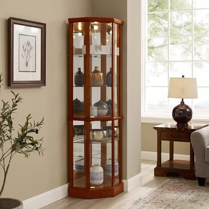 6 Shelf Lighted Corner Curio Cabinet with Adjustable Tempered Glass Shelves and Mirror Back, Oak(E26 Light Bulb not Included)