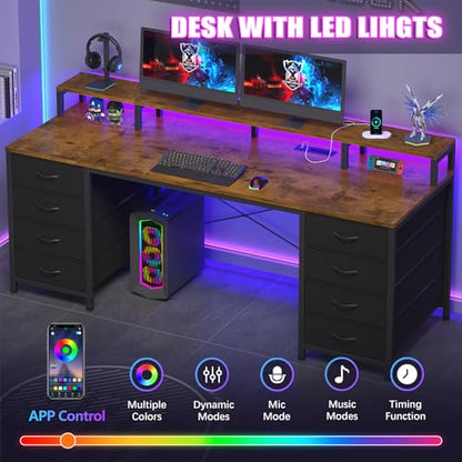 60 Inch Computer Desk with 8 Fabric Drawers, Gaming Desk with LED Lights & Power Outlets, Home Office Desk with Monitor Stand, Rustic Brown