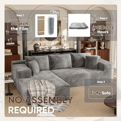 108” Cloud Sectional Couches, Boneless Couch Modular L-Shaped Sofa with Deep Seat, Modern Comfort Upholstered Sofas for Living Room, No Assembly Required (Corduroy, Grey)