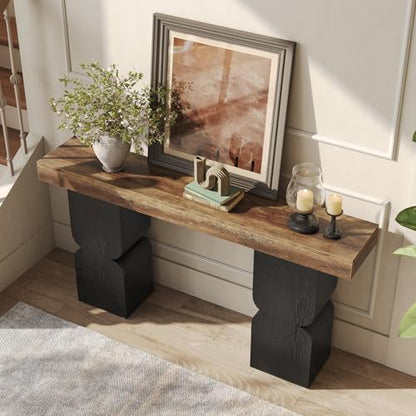 Large Console Table, 63-Inch Heavy-Duty Look, Behind Couch Sofa Table, Color Blocking Design, Bold Structural Presence, Modern Entryway Furniture for Living Room, Hallway, Foyer, Brown + Black