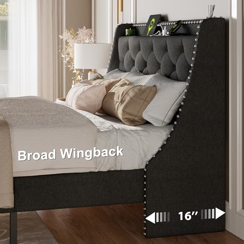 Queen Bed Frame with Luxury Wingback and Fast Charging Station, view 6