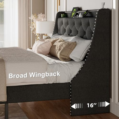 Queen Bed Frame with Luxury Wingback and Fast Charging Station, view 6