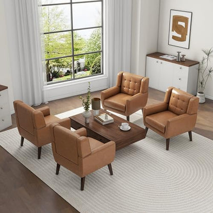 Faux Leather Accent Chairs Set of 4, Modern Arm Club Chair Upholstered Armchair for Living Room, Comfy Single Sofa Seats Button Tufted Reading Seating, Brown