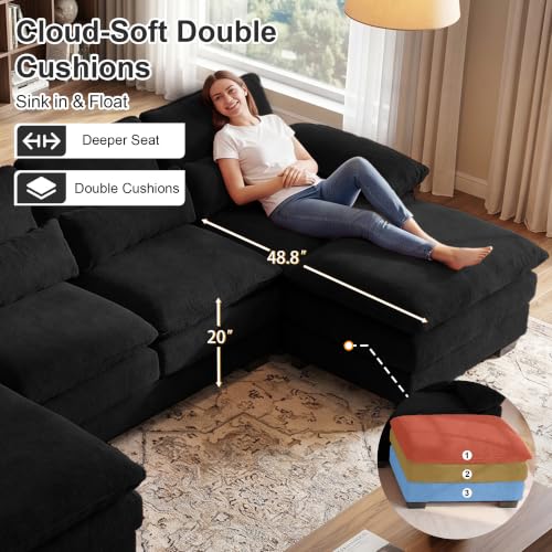 113" U Shaped Sectional Black Couch with Ottoman, Cloud Chenille Sofa | Oversized Deep seat modular U shaped sofa with plush cushions, perfect for family rooms, living rooms and movie nights