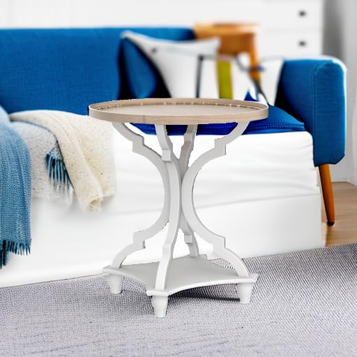 Farmhouse Round Accent End Table, Rustic Side Table Nightstands for Living Room, Wood Tray Top, Handcrafted Finish, Set of 2, White