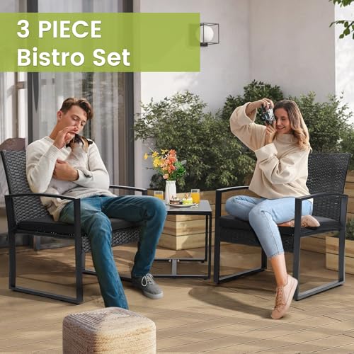 Outdoor 3-Piece Wicker Bistro Set, Rattan Patio Conversation Set with Coffee Table, for Backyard Garden Poolside, Black Frame & Black Cushion
