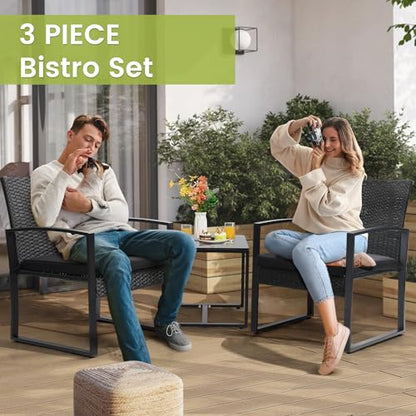 Outdoor 3-Piece Wicker Bistro Set, Rattan Patio Conversation Set with Coffee Table, for Backyard Garden Poolside, Black Frame & Black Cushion