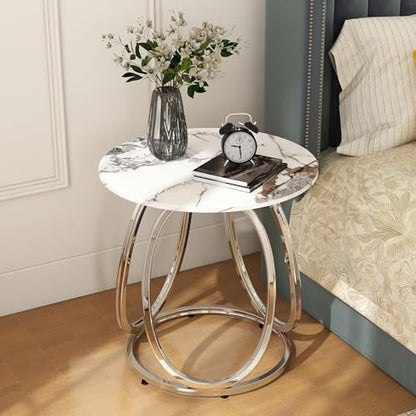 Silver Side Table Living Room, Round End Table with Metal Frame, Modern Nightstand for Small Spaces, Bedroom, Home Office, 1PC