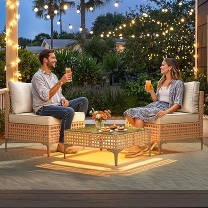 Wicker Patio Furniture Set 3 Pieces Outdoor Sectional Sofa with Solar Light Table Outdoor Couch with Waterproof Cushions All-Weather Rattan Patio Conversation Set for Indoor/Outdoor