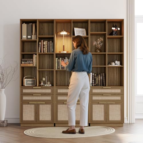 73'' Rattan Bookshelf with Doors and 2 Drawers, Natural Oak | Wood Bookcase with 2 Drawers and Doors, 8 Open Cubes, Adjustable Shelves, Durable Build, Modern Rattan Style