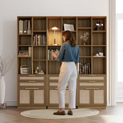 73'' Rattan Bookshelf with Doors and 2 Drawers, Natural Oak | Wood Bookcase with 2 Drawers and Doors, 8 Open Cubes, Adjustable Shelves, Durable Build, Modern Rattan Style
