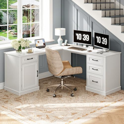 Farmhouse 59" L-Shaped Executive Desk with Drawers, Cream White, view 8