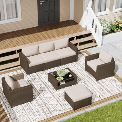 7 Piece Outdoor Patio Furniture Set, Rattan Chairs Glass Table Wicker Conversation Seating Sectional Sofa with Cushions (Brown-Beige, 7Pcs-2 Layer Coffee Table)