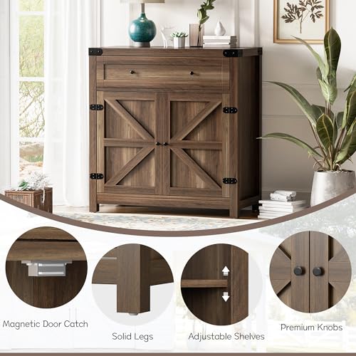 Coffee Bar Cabinet with Storage,Sideboard Buffet Cabinet with 1 Drawer and 2 Barn Doors,Kitchen Storage Cabinet for Kitchen, Living Room, Entryway (Brown)