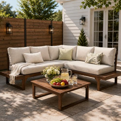 4 Pieces Wood Patio Furniture Set Outdoor Sectional, L Shaped Outdoor Couch Outdoor Sectional Furniture with Built-in Side Table for Backyard,Deck,Balcony