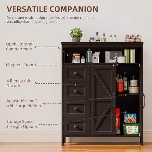 Farmhouse Storage Cabinet with 2 Doors and 4 Drawers, Freestanding Bathroom Compartment Kitchen Pantry Cabinet, Floor Cupboard for Kitchen/Living Room/Bathroom, Espresso