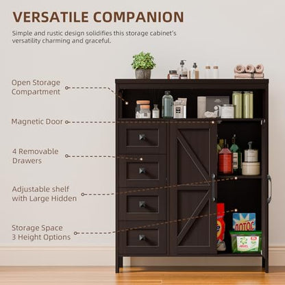 Farmhouse Storage Cabinet with 2 Doors and 4 Drawers, Freestanding Bathroom Compartment Kitchen Pantry Cabinet, Floor Cupboard for Kitchen/Living Room/Bathroom, Espresso