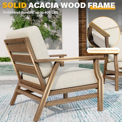 3 Piece Wood Patio Chair Outdoor Bistro Set, Outdoor Armchair All Weather Patio Sofa Furniture Backyard Conversation Sets with Wooden Side Table, Beige