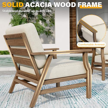 3 Piece Wood Patio Chair Outdoor Bistro Set, Outdoor Armchair All Weather Patio Sofa Furniture Backyard Conversation Sets with Wooden Side Table, Beige