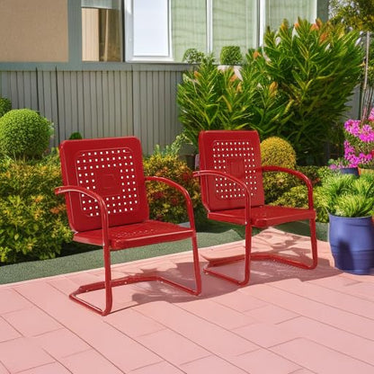 Bates 2-Piece Outdoor Chair Set, Retro Metal Patio Chairs for Dining, Porch, Deck, Balcony, Bright Red Gloss