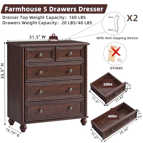 Farmhouse 5 Drawer Dresser for Bedroom, 35.5" Small Dressers, view 2