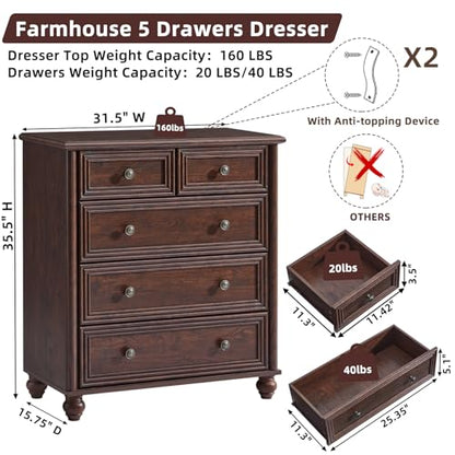 Farmhouse 5 Drawer Dresser for Bedroom, 35.5" Small Dressers, view 2