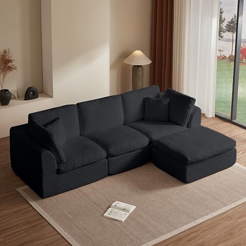 110" Cloud Sectional Couches for Living Room, Convertible L Shape Couch with Ottoman, 3 Seater Modular Sectional Sofa, Black