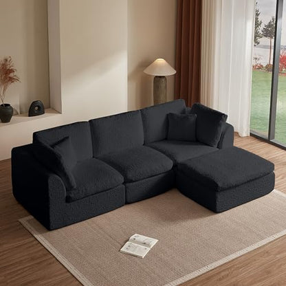 110" Cloud Sectional Couches for Living Room, Convertible L Shape Couch with Ottoman, 3 Seater Modular Sectional Sofa, Black