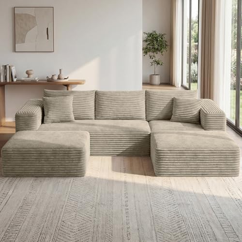 108" Boneless Couch for Living Room, Modular Sectional Sofa with Dual Ottomans, Fluffy Corduroy Floor Couch with Deep Seat, Modern U-Shaped Couch No Assembly Required | Oatmeal