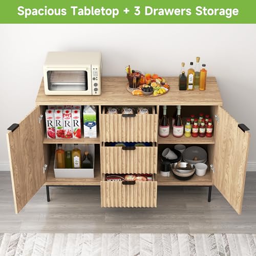 Sideboard Buffet Cabinet with Storage, Modern Fluted Cabinet with 2 Doors 3 Drawers, Coffee Bar Accent Storage Credenza, for Kitchen, Living, Dinning Room, Oak