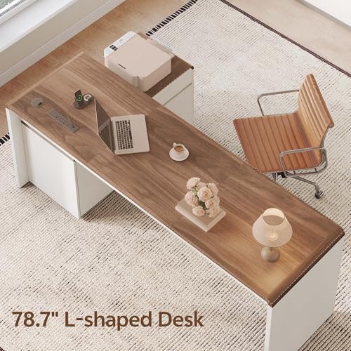 78.7 Inch Large L Shaped Desk with Drawers, White & Walnut, 2 Pack, view 7