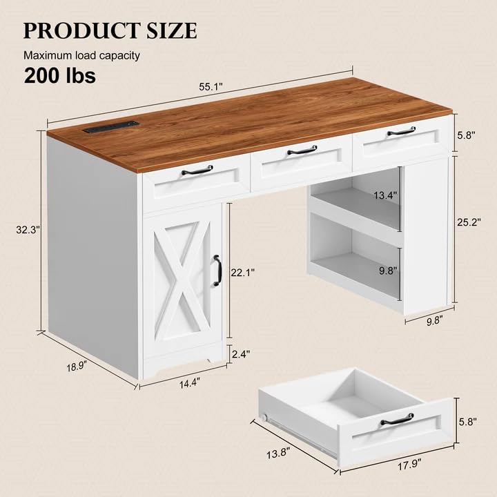 55'' Farmhouse Computer Desk with Drawers for Home Office, Walnut White, view 3