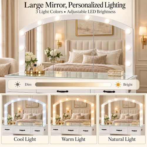Large Vanity Desk with Mirror and Lights, 55" Makeup Vanity Table with Glass Top, view 5