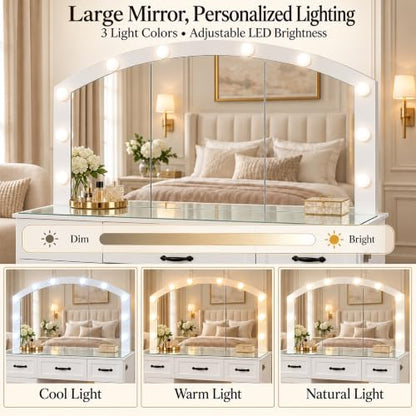 Large Vanity Desk with Mirror and Lights, 55" Makeup Vanity Table with Glass Top, view 5