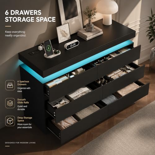 6 Drawer Dresser with LED Lights & Charging Station, view 4